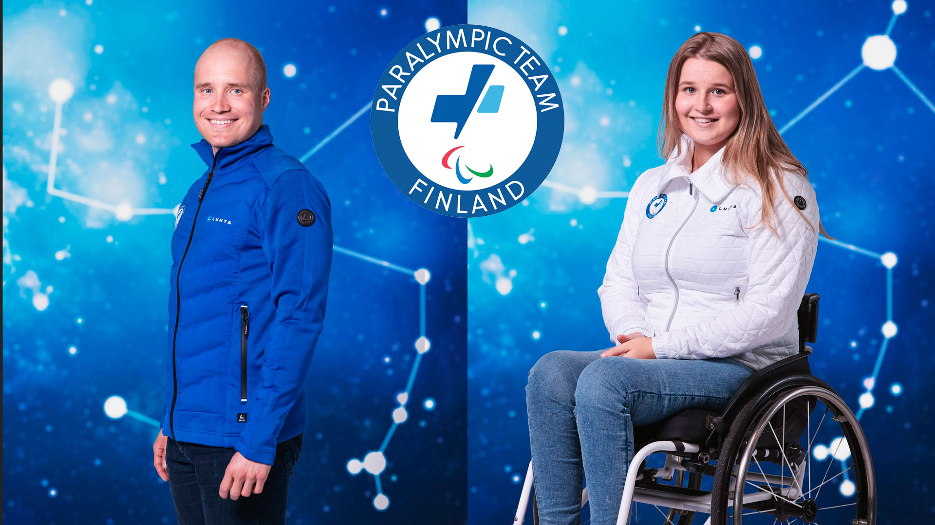 Inkki Inola ja Nette Kiviranta kuvakollaasissa. Heidän keskellään paralympiajoukkueen logo. Kuvien taustalla tähtitausta.